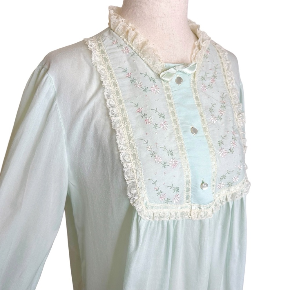 Vintage Light Blue Floral Embroidered Lace Trim Nightgown Dress - Picture 6 of 13